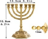 Temple Menorah (6.25 INCHES Tall)- GOLD PLATED on Hexagon Base Featuring the Symbols of the 12 Tribes of Israel