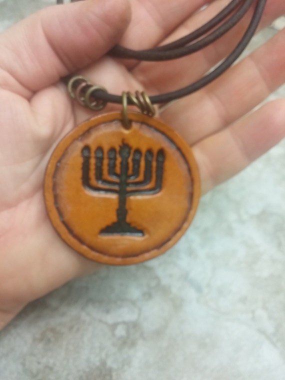 Hebrew MENORAH Leather Necklace Jewish Hebrew Brown knotted distressed Torah Judaica Messianic- Israel Symbol