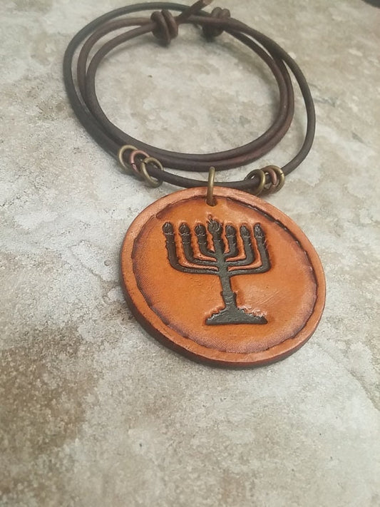 Hebrew MENORAH Leather Necklace Jewish Hebrew Brown knotted distressed Torah Judaica Messianic- Israel Symbol