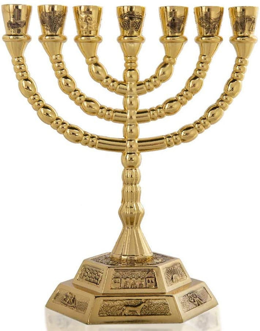 Temple Menorah (5 INCHES tall)- GOLD PLATED on Hexagon Base Featuring the Symbols of the 12 Tribes of Israel