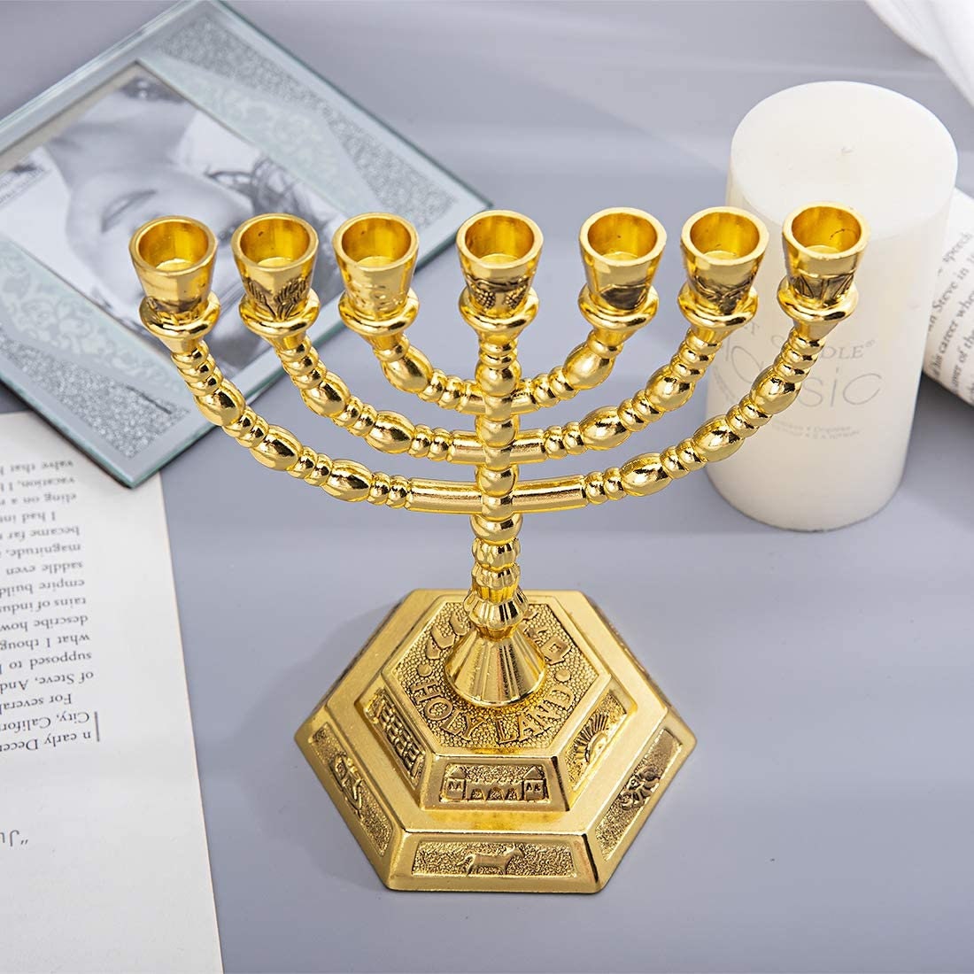Temple Menorah (5 INCHES tall)- GOLD PLATED on Hexagon Base Featuring the Symbols of the 12 Tribes of Israel