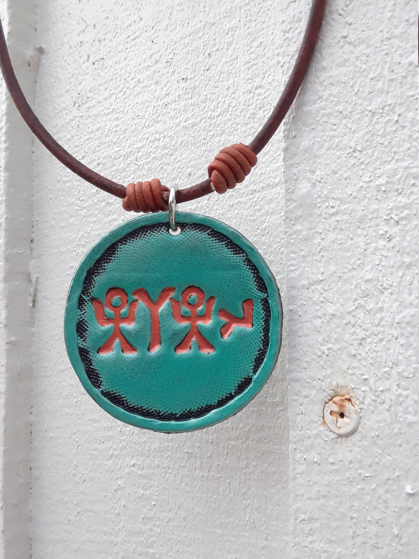 PENDANT-YHUH-COPPER on Turquoise- Unique Leather Necklace With Abba's Kadosh Name In Ancient PictoGraphic Hebrew