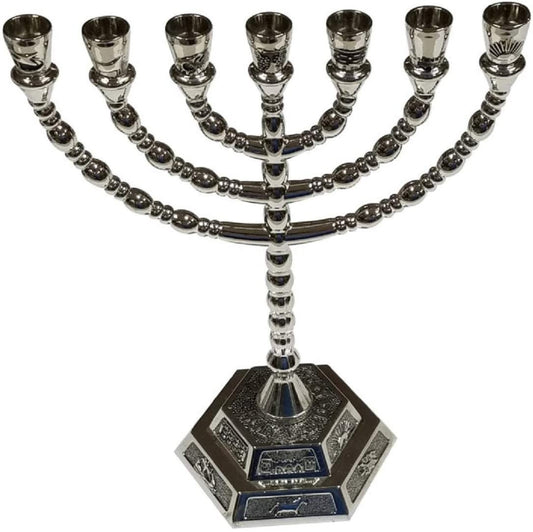 Temple Menorah (8 INCHES tall)- SILVER PLATED on Hexagon Base Featuring the Symbols of the 12 Tribes of Israel