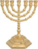 Temple Menorah (6.25 INCHES Tall)- GOLD PLATED on Hexagon Base Featuring the Symbols of the 12 Tribes of Israel