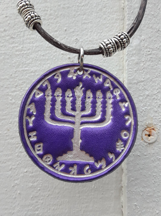 PENDANT-MENORAH-Silver-on-PURPLE-Seven Branched Silver Menorah on Stunning Royal Purple with Hebrew Paleo Alphabet Border