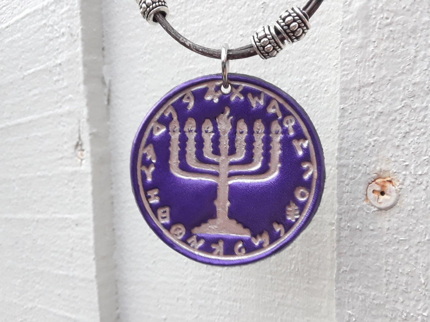 PENDANT-MENORAH-Silver-on-PURPLE-Seven Branched Silver Menorah on Stunning Royal Purple with Hebrew Paleo Alphabet Border
