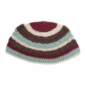 BOY's CROCHET KIPPAH -Maroon, Beige, Brown and Pistachio Green Stripes (This Is An All Sales Final Item)