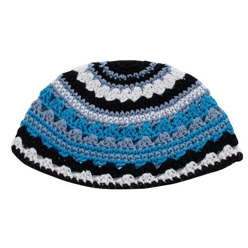 Frik Kippah with Stripes in Black, White and Shades of Blue (This Is An All Sales Final Item)