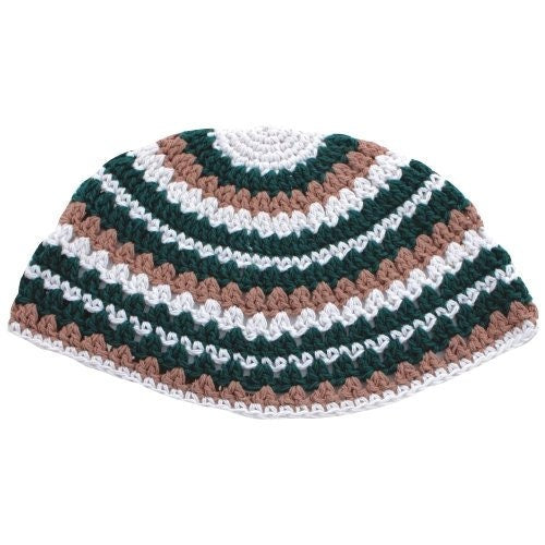 BOYs-CROCHET Kippah in White, Brown and Green Stripes (This Is An All Sales Final Item)