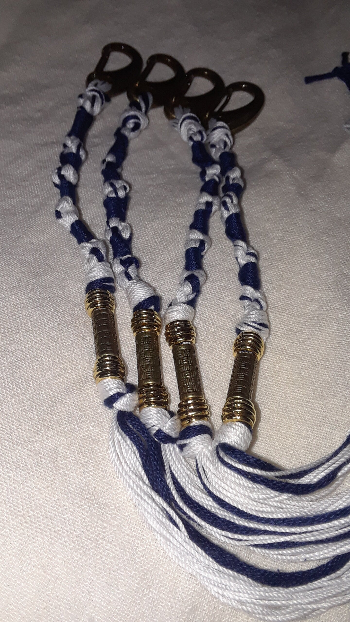 TZITZIT w/ Bronze Clips -Set of 4 Fringes  DARK NAVY Blue Wrap & White Torah-Scripture With The Name of Yah (10-5-6-5)
