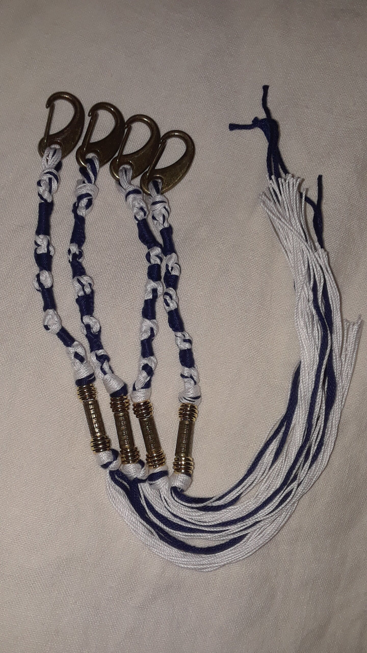 TZITZIT w/ Bronze Clips -Set of 4 Fringes  DARK NAVY Blue Wrap & White Torah-Scripture With The Name of Yah (10-5-6-5)