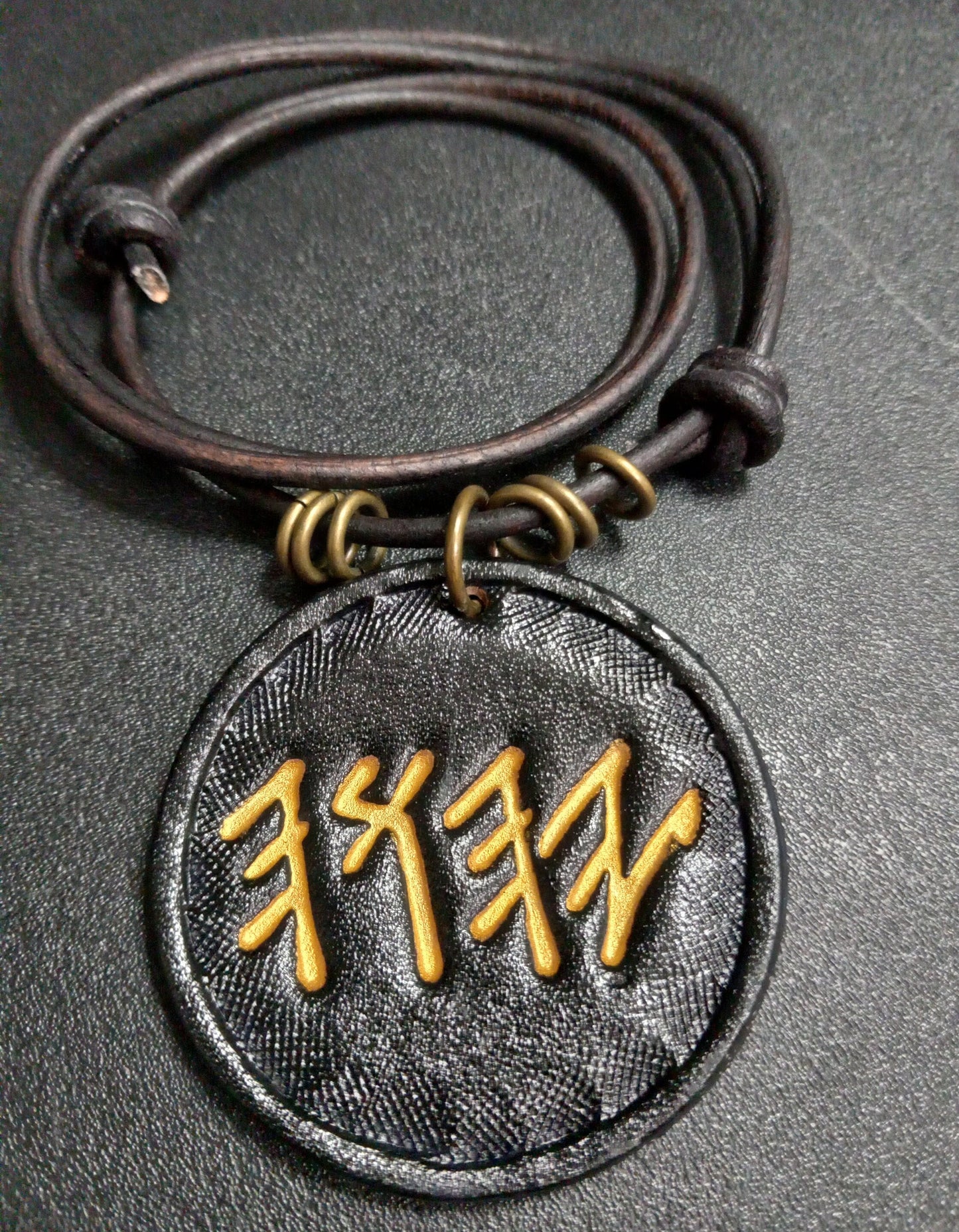 Paleo HEBREW Big 2 inch YHUH Rustic Leather Necklace Black Gold Jewish Hebrew Torah Messianic